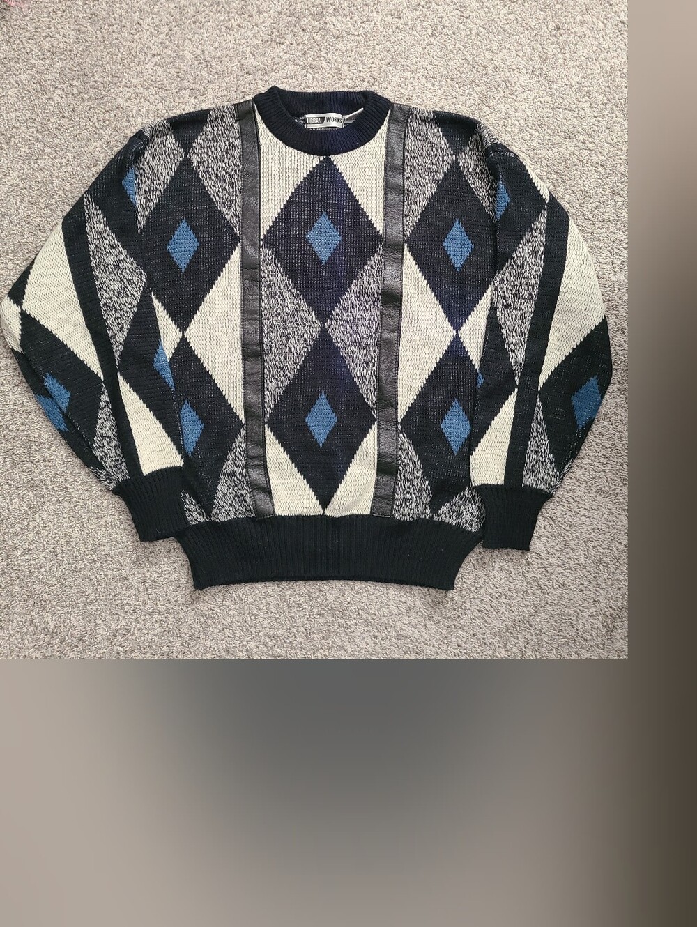 Vtg 90s Urban Works Black White Blue Acrylic Leather Diamond Pattern Sweater L